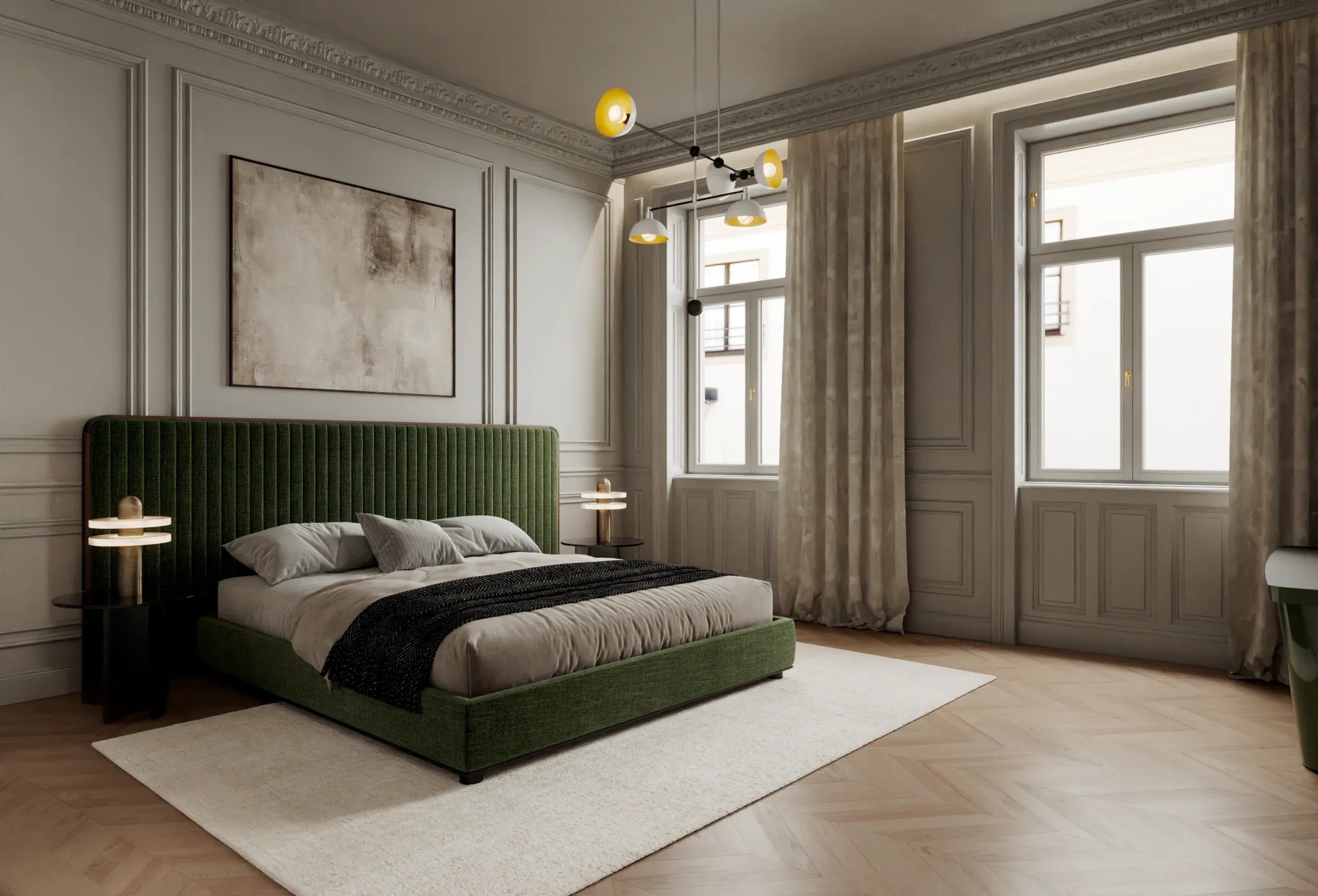 Schlafzimmer mit grünem Polsterbett und hohen Fenstern