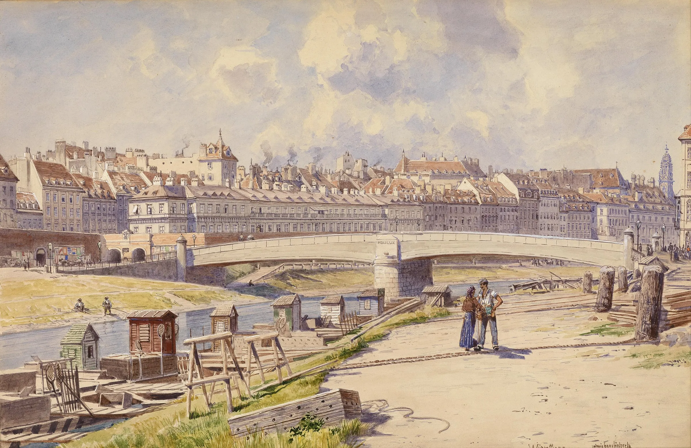Aquarell des Donaukanals mit Fischerbooten, einer Brücke und der Häuserzeile der Inneren Stadt