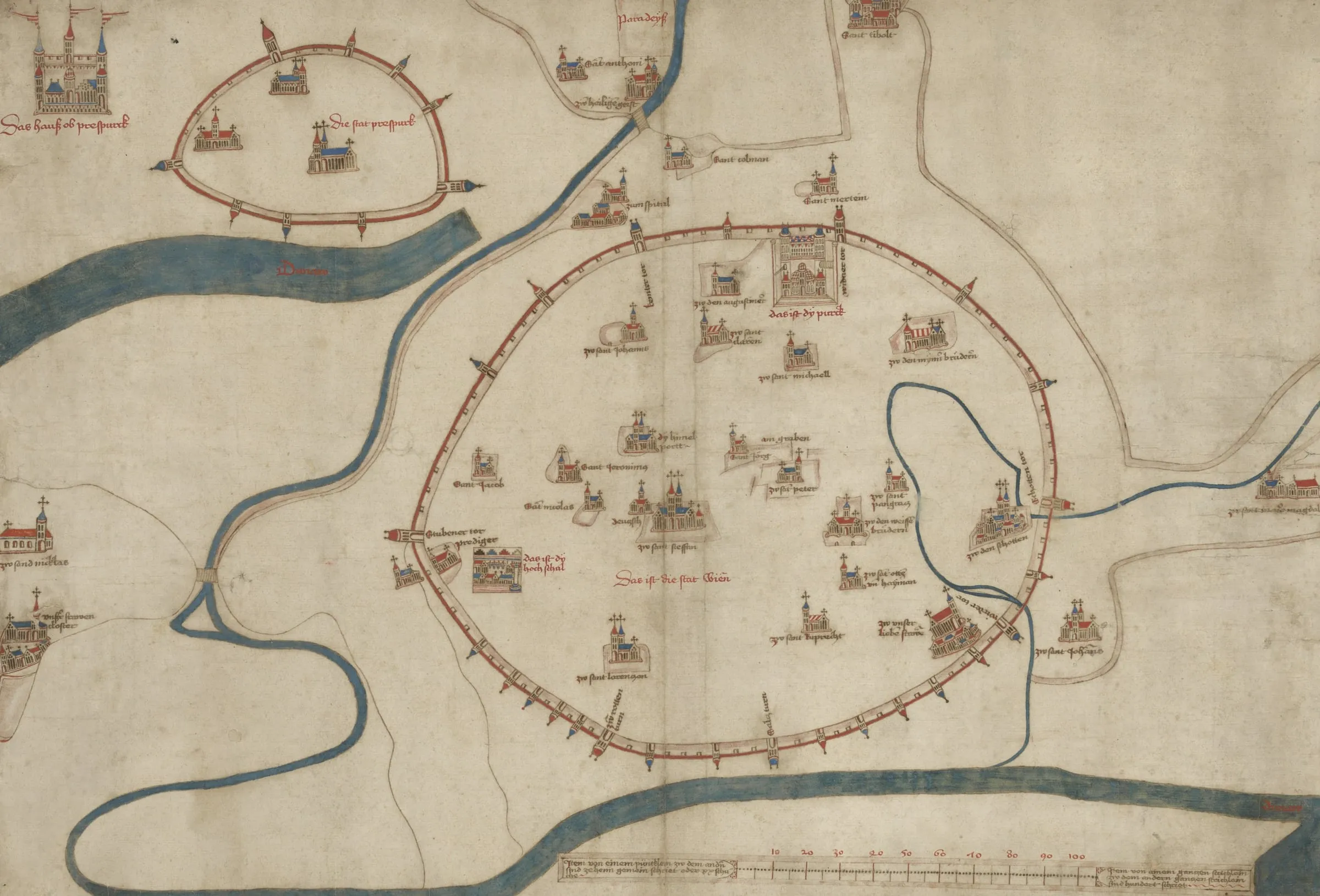 Albertinischer Plan: mittelalterlicher Stadtplan Wiens mit Stadtmauer, Kirchen und Donauarmen