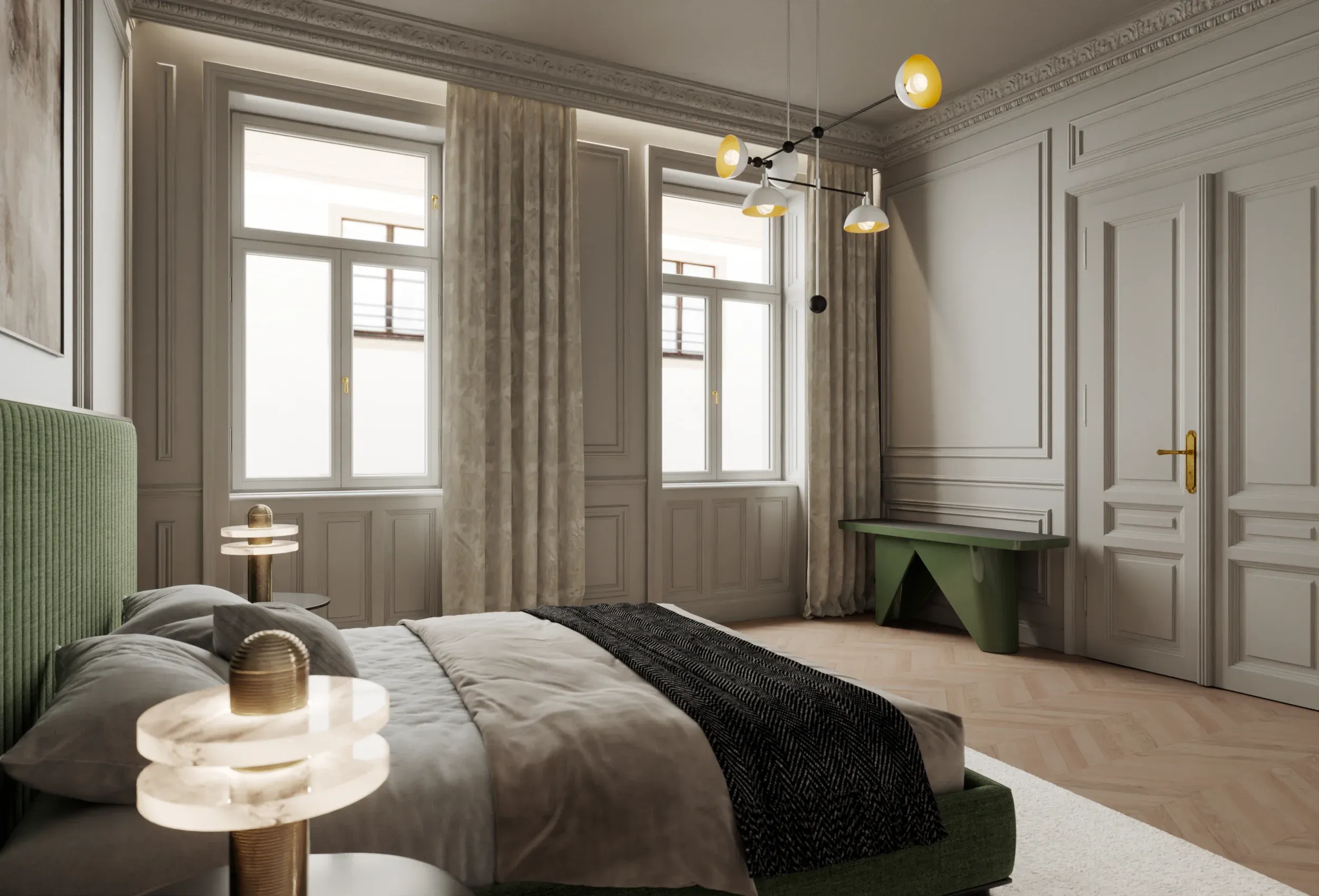 Schlafzimmer mit grünem Polsterbett, Marmorleuchte und hohen Fenstern